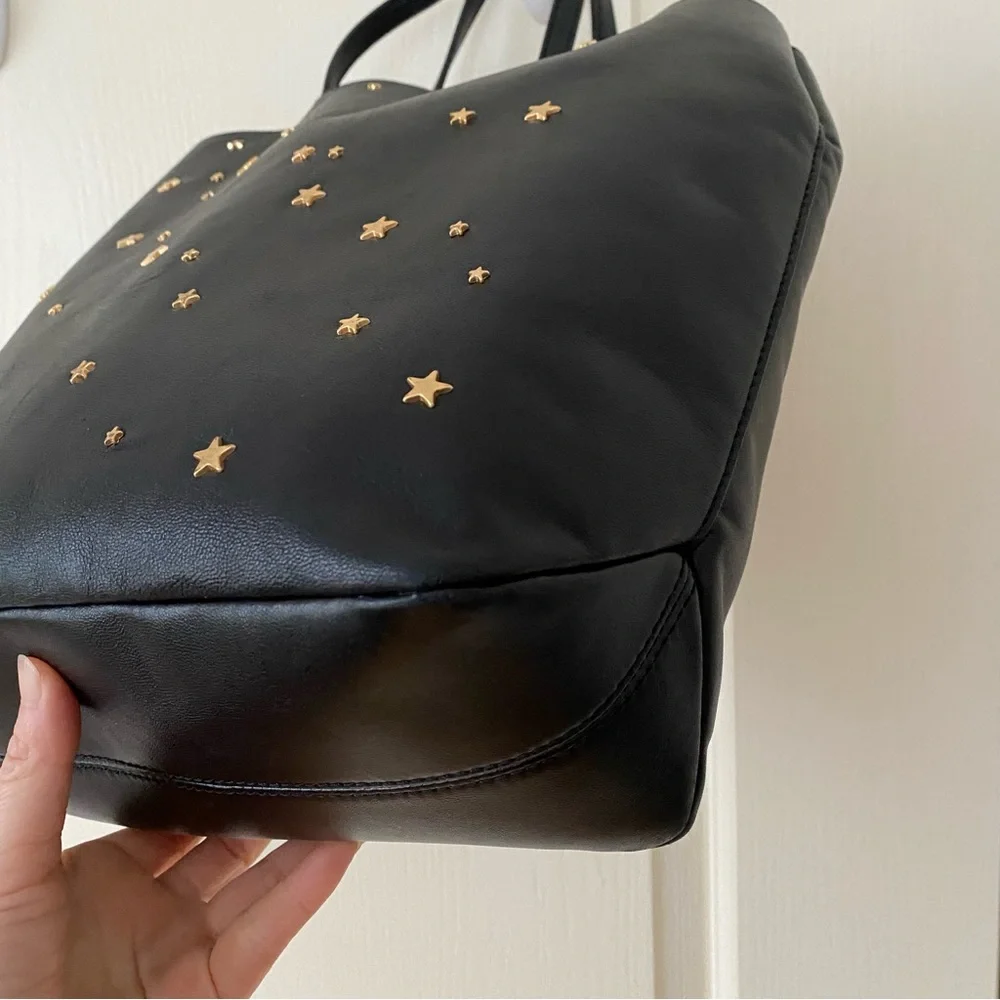 $398 Tory Burch Fleming Black Lambskin Leather Gold Star Studs Satchel Tote Bag - Picture 7 of 14